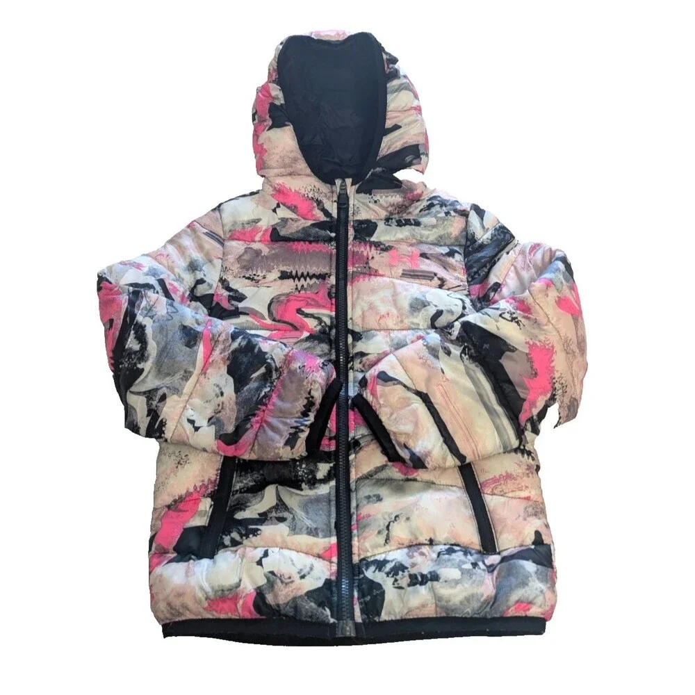Under Armour Girls 6X Cold Gear Puffer Jacket Hooded Neon Pink Black Abstract